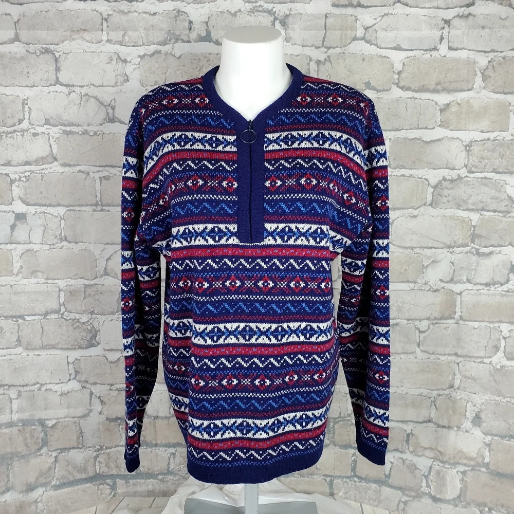 Vintage Wool Apres Ski Sweater 1/2 Zip Blue Red Fairisle M/L Outdoor Warm Winter